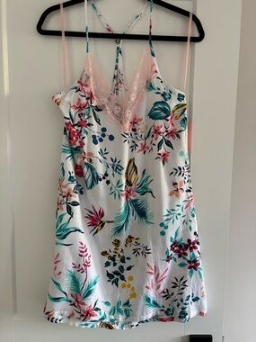 Joe Fresh White Floral Satin Chemise with Pink Lace Trim